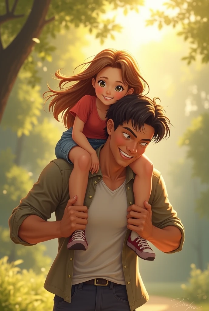A father and his beautiful daughter, the father giving her daughter a piggy back ride.