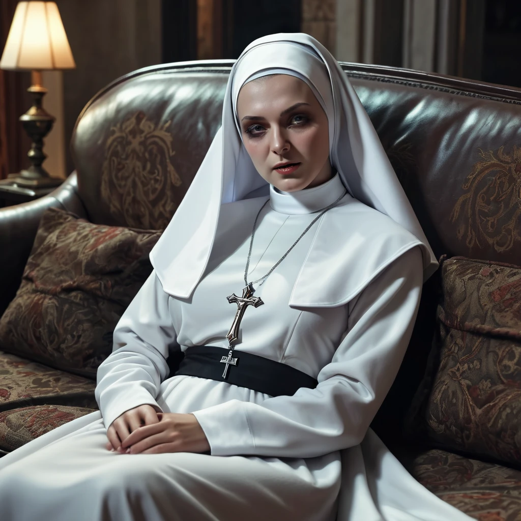 A nude nun, lying on the sofa, looks very enjoyable, horror style, looks depressing, high quality, ultra-detailed, crazy details, 4K