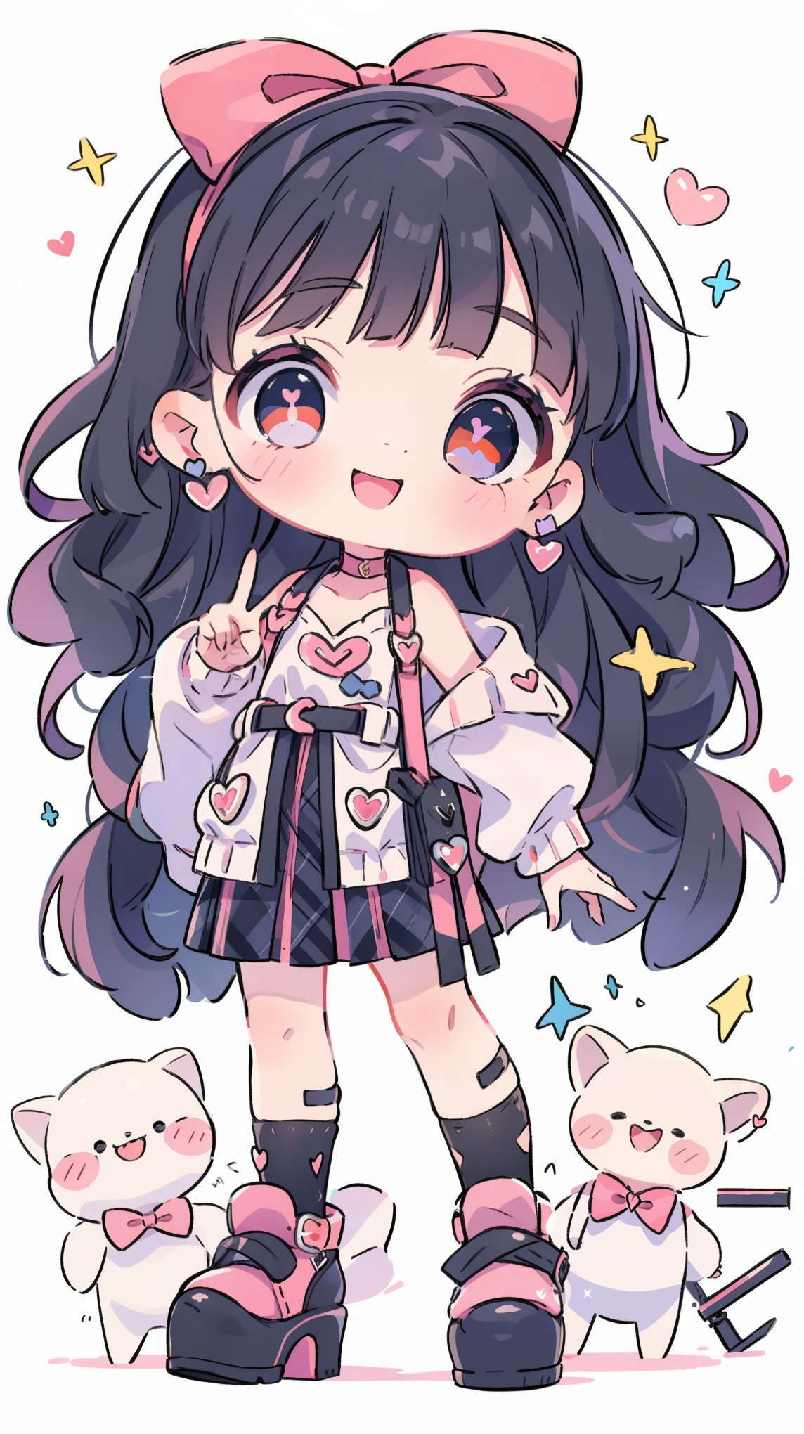 ((from front)),
((chibi)),
((peace sign)),
high resolution,smile,woman,woman1人,adult,cute,
blunt bangs,Black Hair,wavy hair,long hair,BREAK,
Red eyes,Sparkling Eyes,BREAK,
((Landmine fashion)),
Pink off-shoulder top,BREAK,Black plaid pleated skirt,BREAK,Black high heels,
Ribbon headband,BREAK,Heart Earrings,BREAK,Lace choker,BREAK,
Pink hearts on a white background,