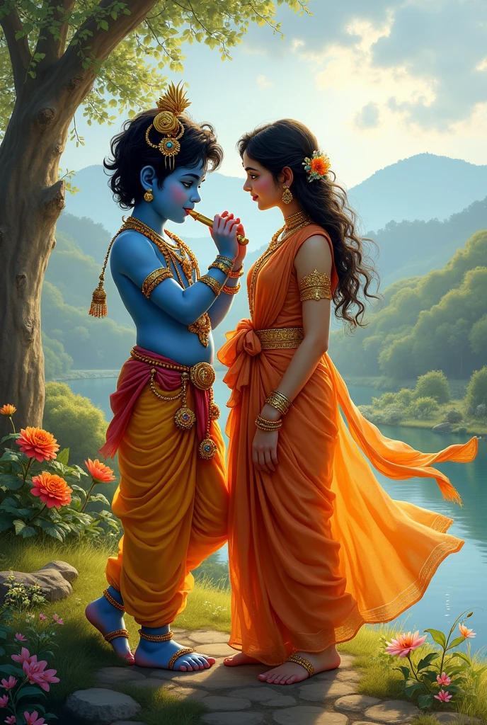 Child Krishna fluting bansoori with radha rani 