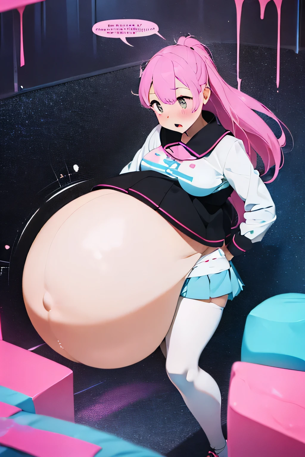 woman in a white miniskirt, white and pink crop top and  black tights with light blue  and pink split dyed hair, holding big, round, hyperpreg, swollen, distended, inflated, squirming, gurgling belly