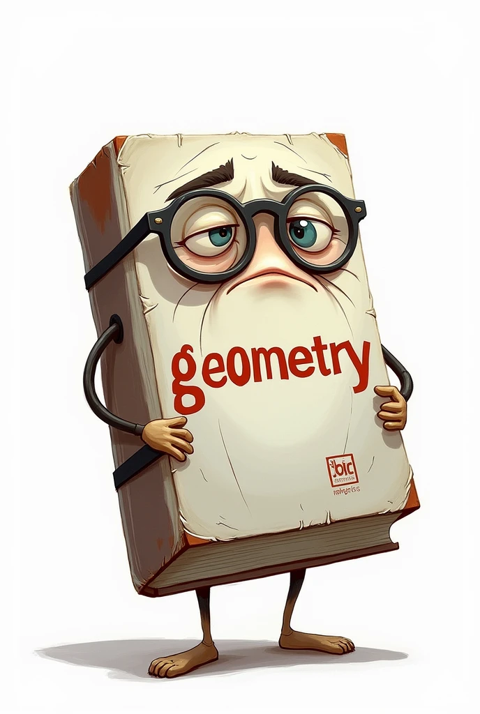 A book with human features, com fundo branco, facing the front, with animated strokes, tired face with glasses, with the word "geometry" Na capa
