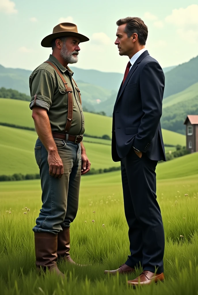 A male farmer and a wealthy male businessman standing in a field