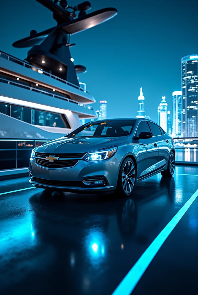 Chevrolet Lacetti on desk of luxury yacht at nigh with high sky scrapers in the background and blue neon lights