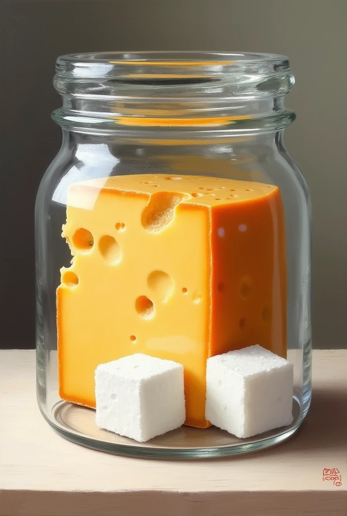 (High quality:1.2)(Very detailed)(realistic:1.37),Oil painting of cheese stored with two to three cubes of sugar in a sealed container. 