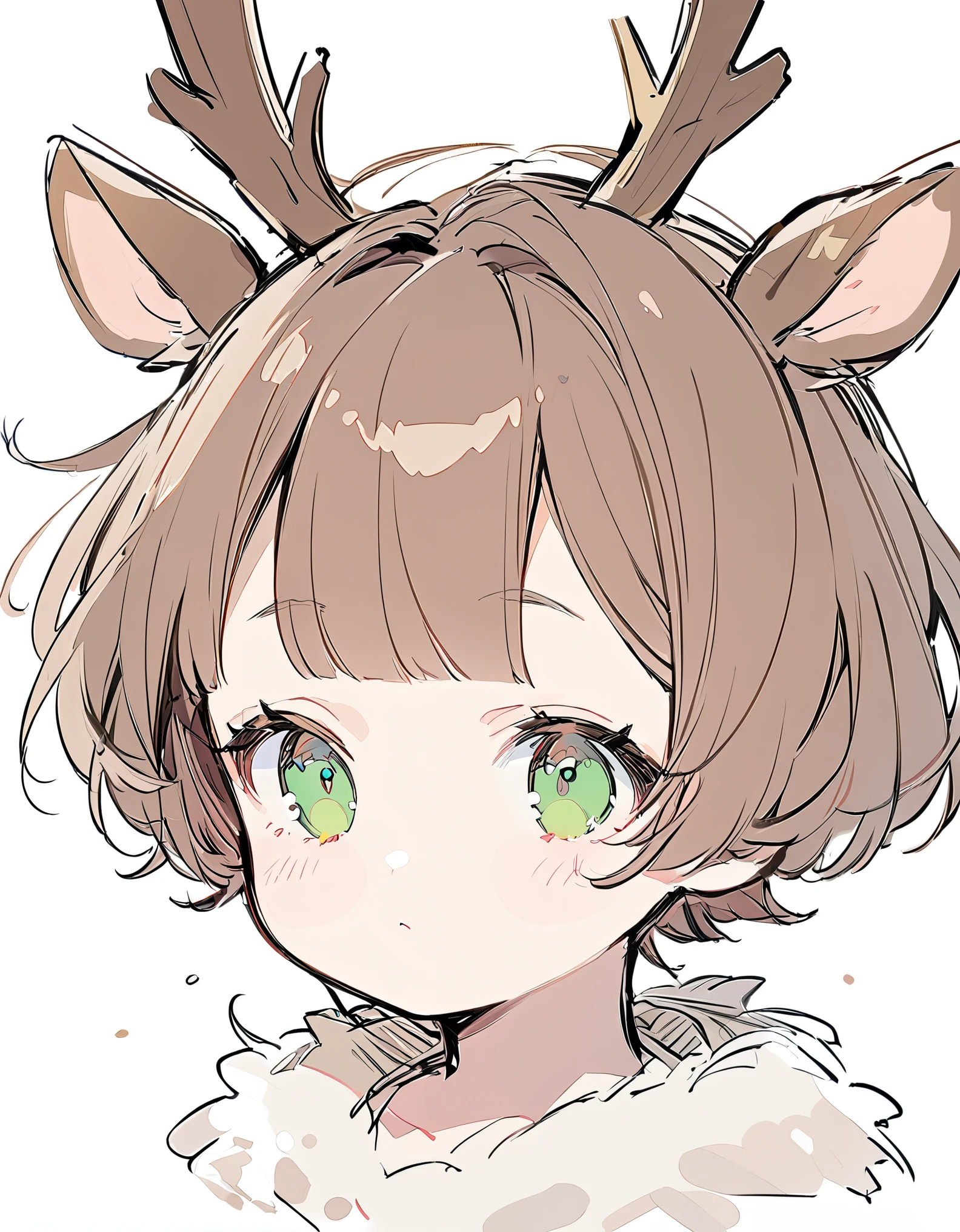 1 girl, (Sketches), (close), (Small body), (Pink Cheeks), (Cute deer antlers),brown Hair, (Short Bob Hair:1.4), (green eyes), (Big Hair) , (fringe), (More about the Strand), (White Background)