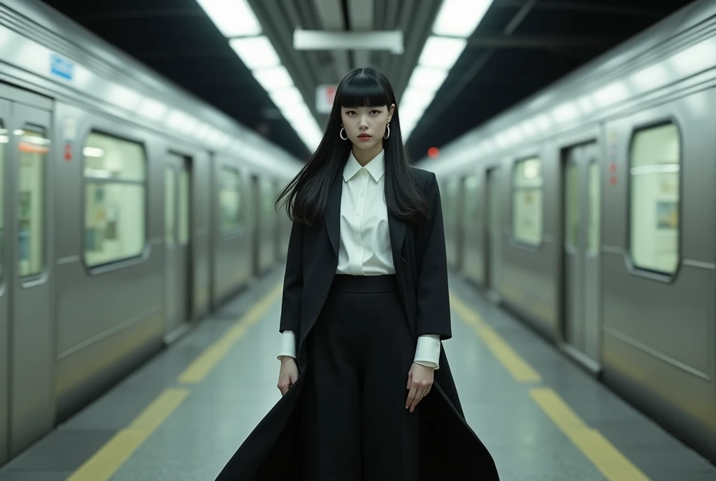 (Blunt bangs, Princess Bang))), (((Very heavy,Voluminous bangs:1.1))),(((very long, Very heavy,Very voluminous side locks:1.1))),, Hime cut, Straight bangs hairstyle, People with round faces and plain bangs, dull with long black hair、Bangs cut straight,))High Fashion Portrait, (Highest quality, detailed,masterpiece:1.2), Realistic, 1 person, Beautiful woman, Full Body Shot, Fashion Model, Dynamic pose, break small head, break (detailed buttocks, detailed legs, detailed body line, tight small breasts, Very small waist, Tight little ass, Beautiful muscular legs, Beautiful legs, Creates a sculptural beauty:1.2), Beautiful white, silky skin, A slim and beautiful neck, (Full Body Shot, Dynamic pose:1.2), break Opt for a sleek, (((Black Japanese style jacket, White long dress shirt,Black long skirt,Black boots,His hands are in his jacket pockets))) Accessorize with an abundance of statement jewelry, Includes large silver cufflinks, oversized hoop earrings, Sharp angles and a sleek finish give it a futuristic feel., break small head, detailed face, ((Full body photo))((Directly facing)))looking at the camera,masterpiece，Highest quality，8k，クレイジーなdetailed，複雑なdetailed，超detailed，super quality，High detail(((The hem of her skirt flutters in the wind as the subway passes by.,)))looking at the camera(Realistic、Realistic:1.37)、,Highest quality, figure, 超detailedな, finely, 完璧なダイナミックな構figure, ((Photographed inside a subway station,A subway passes right behind a female model,The female model is standing parallel to the subway with her back to it,女性モデルは画角の真ん中でlooking at the camera,The subway is blurry as it passes by.,The other customers around me were facing the subway and waiting in line for the train.,女性モデルのみlooking at the camera)), Beautiful and fine details,Expressionless，, ,20 years old，Model body type,, ,Women are paying attention, Her face is beautiful and delicate，Showing an otherworldly beauty。,A female model standing in a pose on the subway,, Fashion Model,looking at the camera,masterpiece，The wind blowing through my hair as the subway passes by,A bit backlit,The tip of her hair is visible,