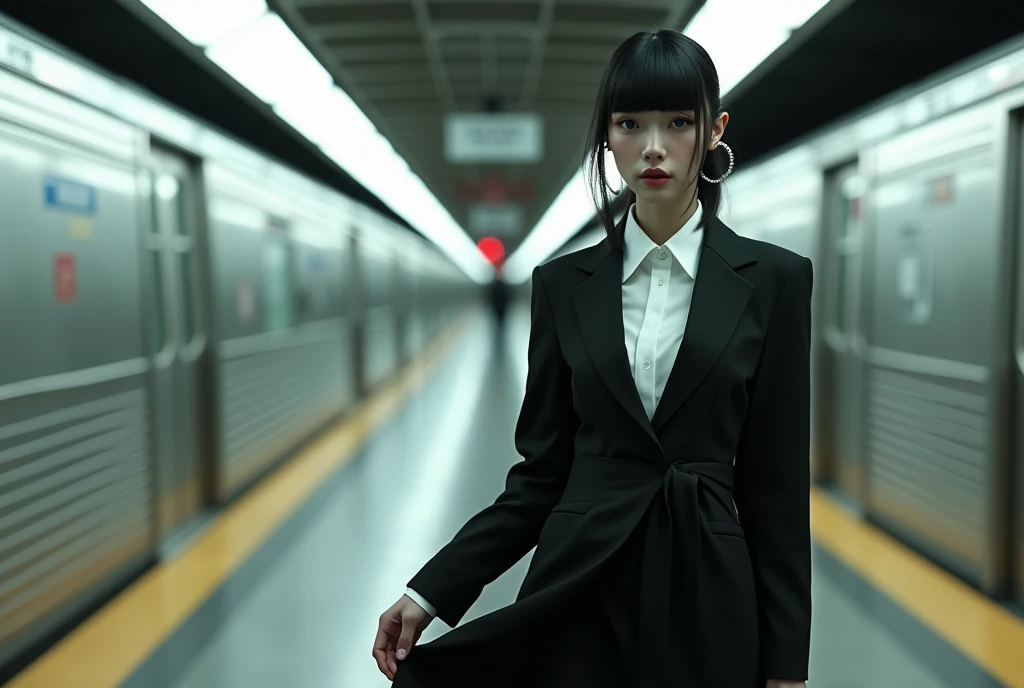 (Blunt bangs, Princess Bang))), (((Very heavy,Voluminous bangs:1.1))),(((very long, Very heavy,Very voluminous side locks:1.1))),, Hime cut, Straight bangs hairstyle, People with round faces and plain bangs, dull with long black hair、Bangs cut straight,))High Fashion Portrait, (Highest quality, detailed,masterpiece:1.2), Realistic, 1 person, Beautiful woman, Full Body Shot, Fashion Model, Dynamic pose, break small head, break (detailed buttocks, detailed legs, detailed body line, tight small breasts, Very small waist, Tight little ass, Beautiful muscular legs, Beautiful legs, Creates a sculptural beauty:1.2), Beautiful white, silky skin, A slim and beautiful neck, (Full Body Shot, Dynamic pose:1.2), break Opt for a sleek, (((Black Japanese style jacket, White long dress shirt,Black long skirt,Black boots,His hands are in his jacket pockets))) Accessorize with an abundance of statement jewelry, Includes large silver cufflinks, oversized hoop earrings, Sharp angles and a sleek finish give it a futuristic feel., break small head, detailed face, ((Full body photo))((Directly facing)))looking at the camera,masterpiece，Highest quality，8k，クレイジーなdetailed，複雑なdetailed，超detailed，super quality，High detail(((The hem of her skirt flutters in the wind as the subway passes by.,)))looking at the camera(Realistic、Realistic:1.37)、,Highest quality, figure, 超detailedな, finely, 完璧なダイナミックな構figure, ((Photographed inside a subway station,A subway passes right behind a female model,The female model is standing parallel to the subway with her back to it,女性モデルは画角の真ん中でlooking at the camera,The subway is blurry as it passes by.,The other customers around me were facing the subway and waiting in line for the train.,女性モデルのみlooking at the camera)), Beautiful and fine details,Expressionless，, ,20 years old，Model body type,, ,Women are paying attention, Her face is beautiful and delicate，Showing an otherworldly beauty。,A female model standing in a pose on the subway,, Fashion Model,looking at the camera,masterpiece，The wind blowing through my hair as the subway passes by,A bit backlit,The tip of her hair is visible,