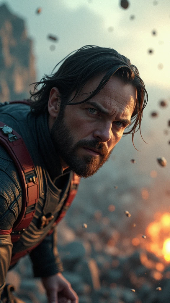 Bucky is depicted in a life-or-death situation, perhaps hanging from a cliff edge or caught in the blast of an explosion, his face showing a mixture of fear and determination. The scene around them is charged with tension: debris and dirt suspended in mid-air, flames from an explosion halted in their tracks, and soldiers frozen in the midst of combat.