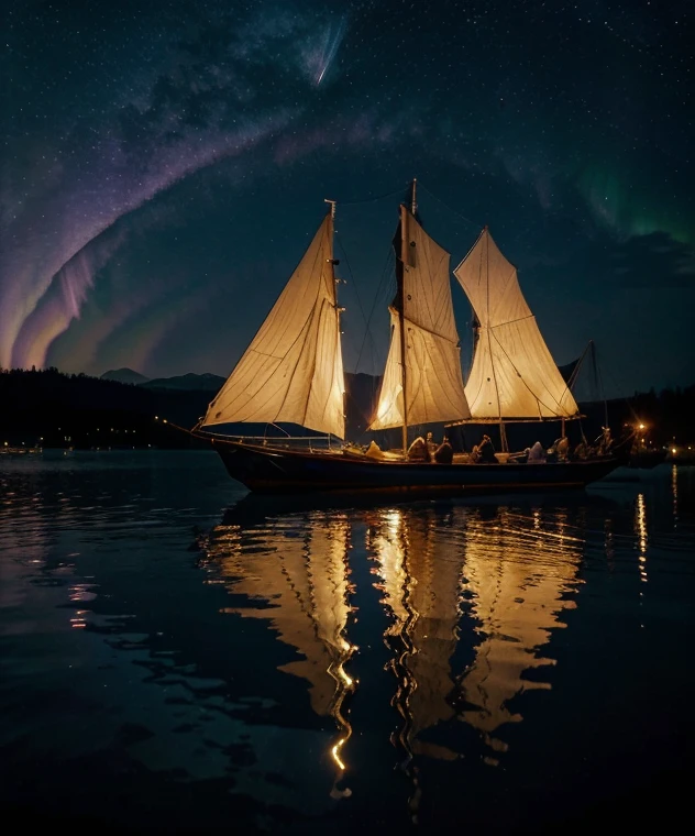 there is a gondola sailboat floating on the water at night with people on it, stars reflecting on the water, far away dreamy atmosphere, space art, tranquility of the endless stars, moonlit aurora purple sky, meteor shower on the sky, big moonlit backdrop, mystical night, fantasy victorian harbour night, sky waters, star lit sky, detailed dreamscape, fantasy Victorian art, creative of unique, dynamic, decorative of gold accessories