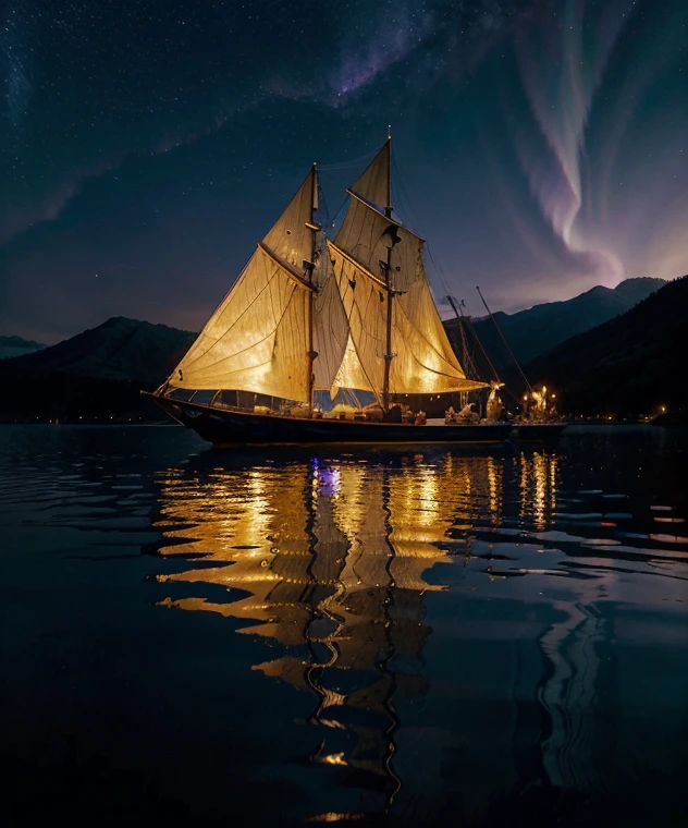 there is a gondola sailboat floating on the water at night with people on it, stars reflecting on the water, far away dreamy atmosphere, space art, tranquility of the endless stars, moonlit aurora purple sky, meteor shower on the sky, big moonlit backdrop, mystical night, fantasy victorian harbour night, sky waters, star lit sky, detailed dreamscape, fantasy Victorian art, creative of unique, dynamic, decorative of gold accessories