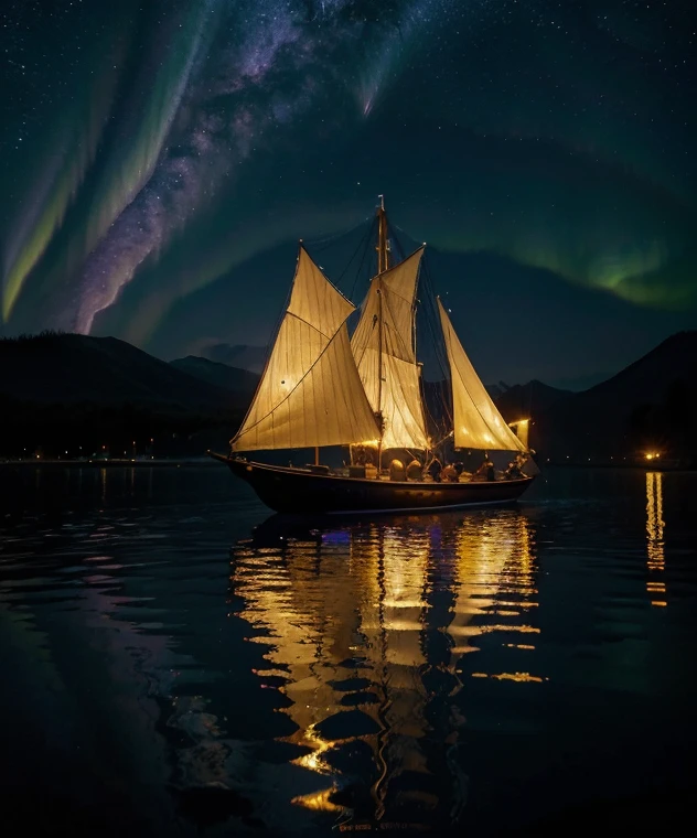 there is a gondola sailboat floating on the water at night with people on it, stars reflecting on the water, far away dreamy atmosphere, space art, tranquility of the endless stars, moonlit aurora purple sky, meteor shower on the sky, big moonlit backdrop, mystical night, fantasy victorian harbour night, sky waters, star lit sky, detailed dreamscape, fantasy Victorian art, creative of unique, dynamic, decorative of gold accessories