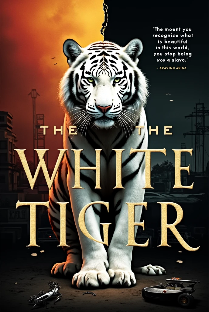 Poster Concept for “The White Tiger”

	1.	Title:
	•	“The White Tiger” at the top in bold, stylized font with a hint of the gritty tone of the book.
	2.	Background:
	•	A divided background with one half showing the vibrant yet chaotic streets of India (symbolizing the darkness and corruption), and the other half depicting the interior of a luxurious car (representing ambition and escape).
	3.	Central Image:
	•	A stylized white tiger in the center, fierce and majestic, symbolizing the protagonist’s struggle for freedom and identity.
	4.	Key Quotes:
	•	Include a powerful quote from the book, such as:
	•	“The moment you recognize what is beautiful in this world, you stop being a slave.”
	5.	Author’s Name:
	•	At the bottom or near the title, “By Aravind Adiga” in a smaller, elegant font.
	6.	Visuals:
	•	Consider adding elements like a broken cage or chains near the white tiger to signify the theme of breaking free from oppression.
	•	You could also depict the contrasting images of darkness (representing Balram’s life in the village) and light (his aspirations and ultimate rise).
	7.	Color Scheme:
	•	Use dark colors like black and deep red for the background to represent the harsh realities of the protagonist’s life, contrasted with bright white or gold for the tiger and title to symbolize hope and ambition.