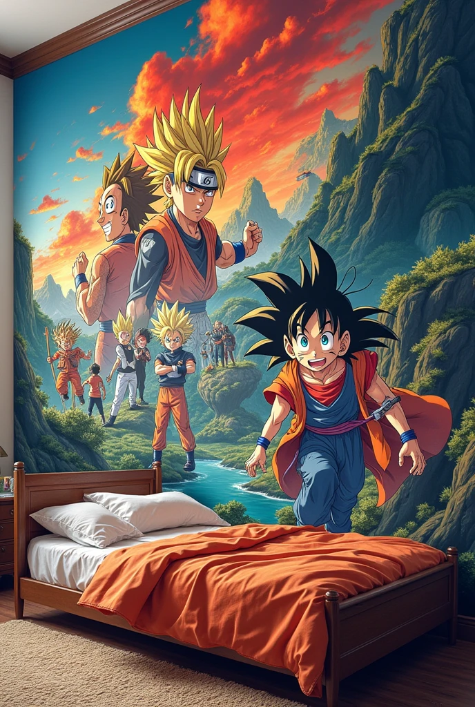 Give me a wall painting with full of anime and also colourfully and cover with full wall for boys for boys bedroom full of anime like Naruto,Chainsaw man,Goku,and more
Give me more interesting ok an a mix of anime more interesting and all the anime mix
Add chainsaw man anime.