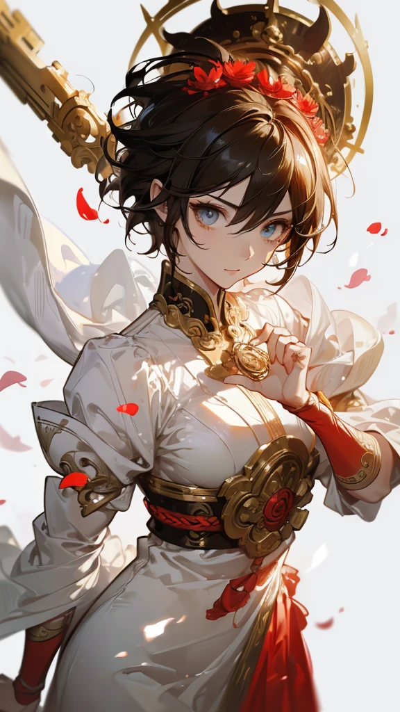 ((masterpiece, best quality)), Epic battlefield atmosphere,Journey to the West,Sun Wukong,Fighting Buddha,Petals falling,A meticulous face,Standing image,Perfect body proportions,Stylish short hair,beautiful eyes,Fantasy style,White background