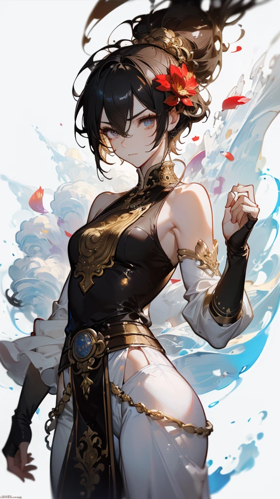 ((masterpiece, best quality)), Epic battlefield atmosphere,Journey to the West,Sun Wukong,Fighting Buddha,Petals falling,A meticulous face,Standing image,Perfect body proportions,Stylish short hair,beautiful eyes,Fantasy style,White background
