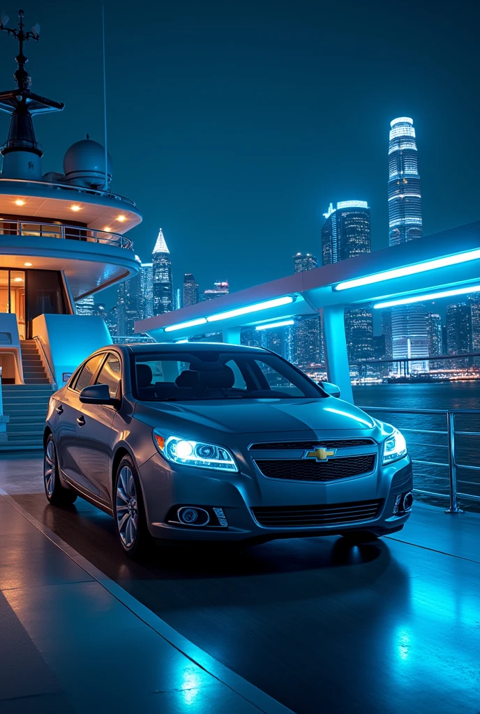 GM Lacetti on desk of luxury yacht at nigh with high sky scrapers in the background and blue neon lights