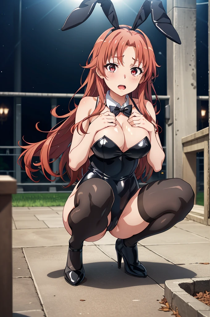 ((Highest quality, High resolution,  Pixel perfect,  4K)), (1 person),  (Beautiful Anime), 
Observe the audience, 
Perfect body, 

 Long Hair　,  Bright red hair　、No bangs　、　Forehead　、　Side part　、Very big boobs　、Erect nipples　、　Red eyes　、　Detailed eyes、Let your hair down、

(blush),  Shyness　、Climax　、Embarrassing　、Please open your mouth slightly、Provocative look　、
(Black Bunny Girl:1.2)、black tights 、　Bunny ears　、　Cleavage　、
Cowboy Shot　、　first round　、night　、ruins　　、　nsfw 、　Squat with your legs wide apart　、Lift your chest