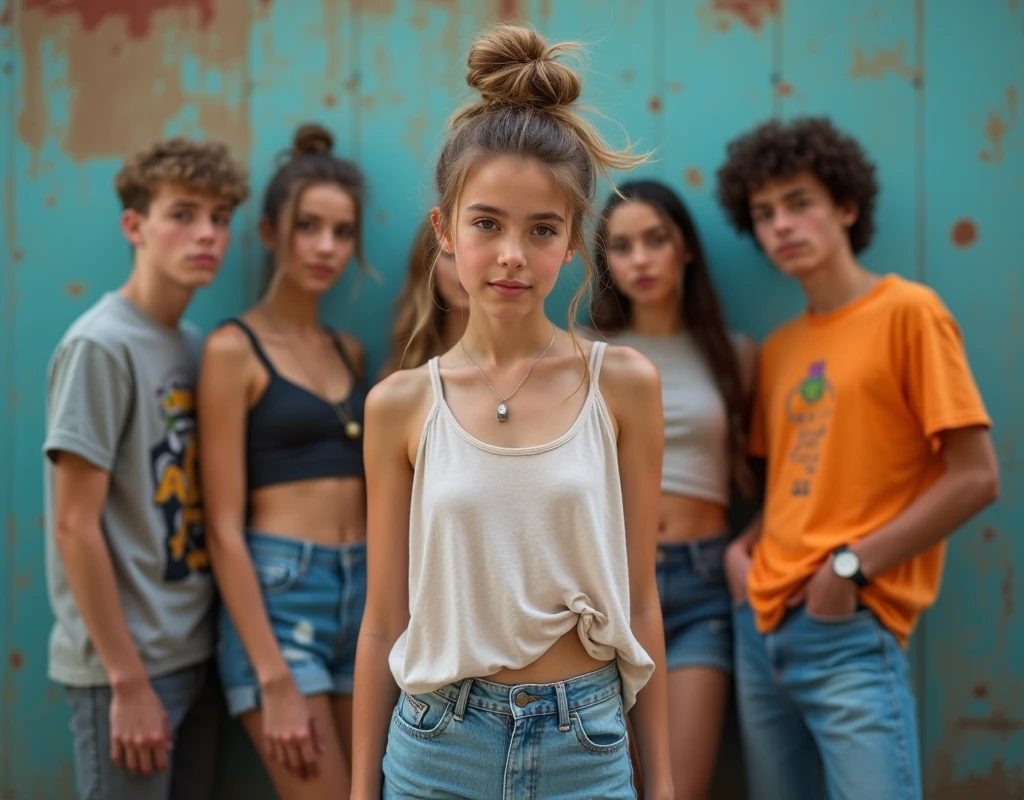 Photo of a age girl in skater fashion and her male and female friends. Everyone is wearing a tank top