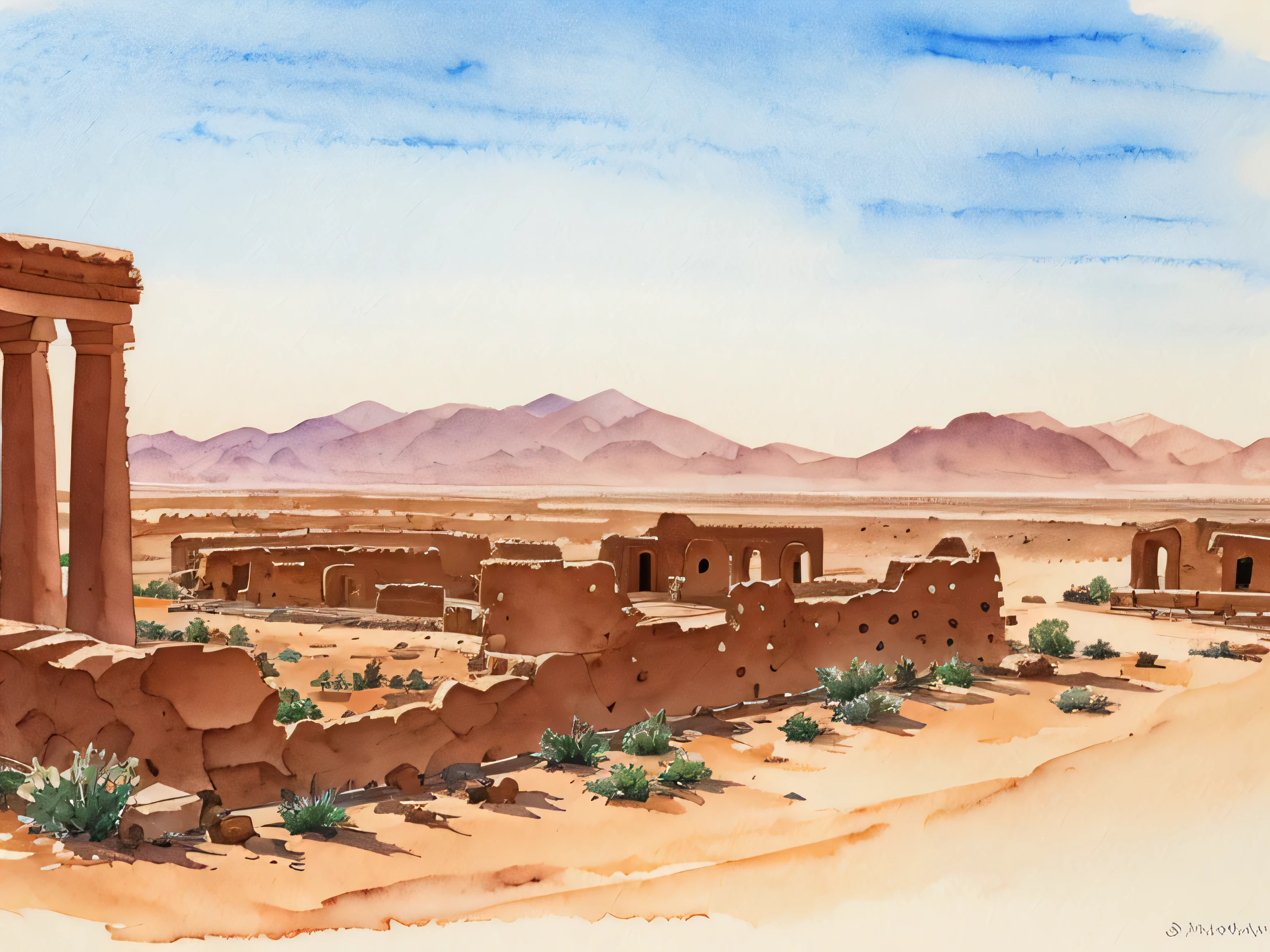 Sahara Ruins can be seen in the distance watercolor