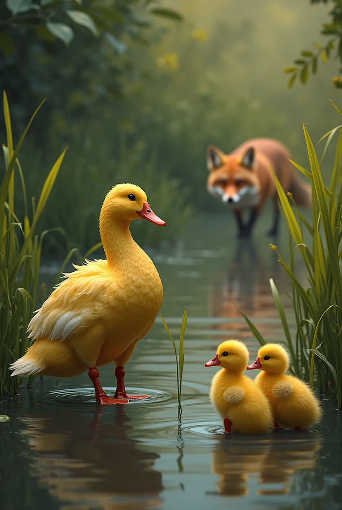 A mother duck saw a fox in distance