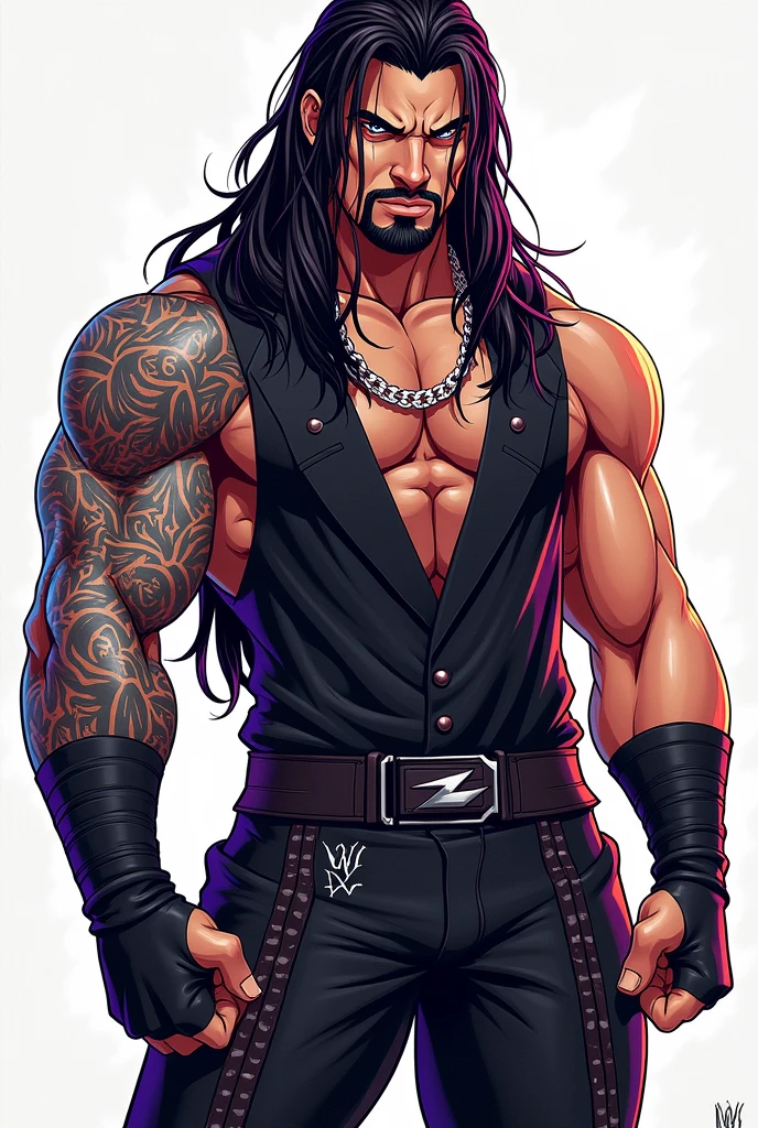 Roman Reigns with a Japanese drawing style, with big and expressive eyes, styled hair and an even more imposing and dynamic presence. Her outfit could be inspired by anime outfits with modern and striking details.. A combination of Roman Reigns&#39; strength and charisma with the unique style of anime!
