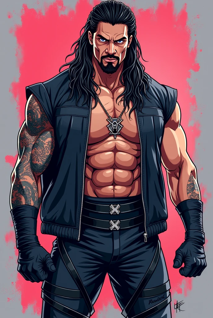 Roman Reigns with a Japanese drawing style, with big and expressive eyes, styled hair and an even more imposing and dynamic presence. Her outfit could be inspired by anime outfits with modern and striking details.. A combination of Roman Reigns' strength and charisma with the unique style of anime!
