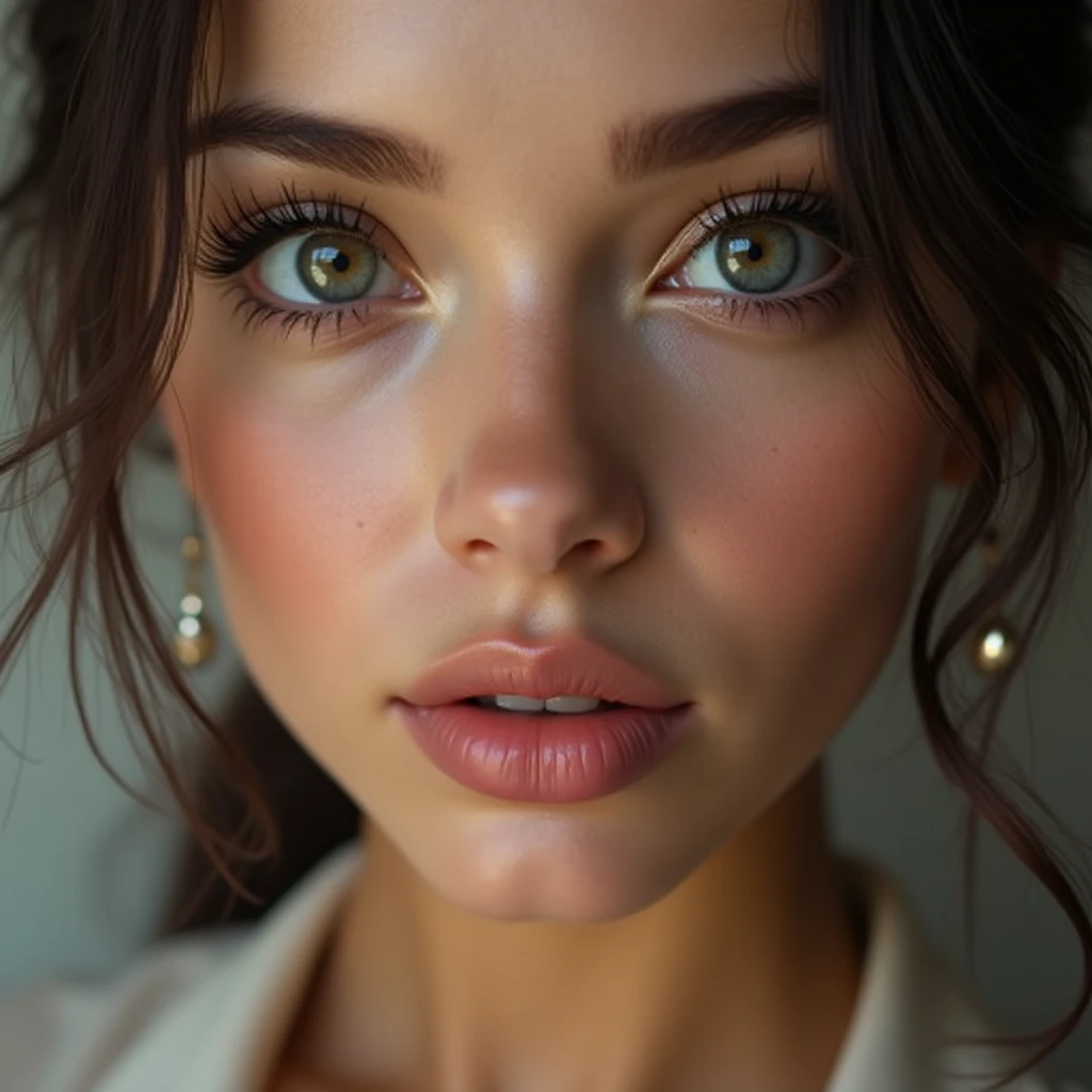 An extreme close-up of a woman’s eyes and lips. Her eyes are large and expressive, with thick, dark lashes and perfectly arched eyebrows. Her lips are full and slightly parted, with a natural pink hue. The lighting is soft, emphasizing the smoothness of her skin and the delicate features of her face, realistic photograph