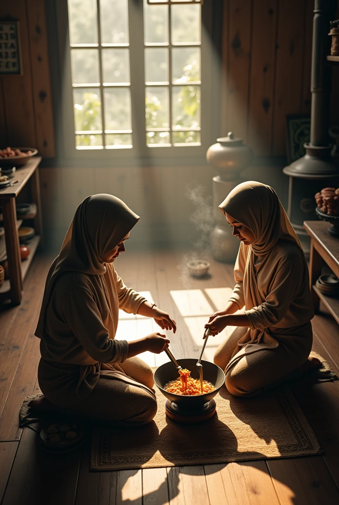 (photorealism:1.2), an aerial view of two malay beauty hijab girl sit down on a 
 floor in a wooden kitchen, in a midle of clay stove, wear a long sleeve t-shirt and a batik sarong, the girls pouring a meal onto the wok, a top aerial angle, in a morning sunshine, old urn,old traditional brick stove,, old kettle