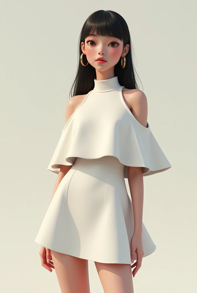 Mushroom short、Short neckline、A refined and stylish young woman with a clear complexion、Thready hair、Shiny Hair、Gold Hoop Earrings、White Cut and Sew
