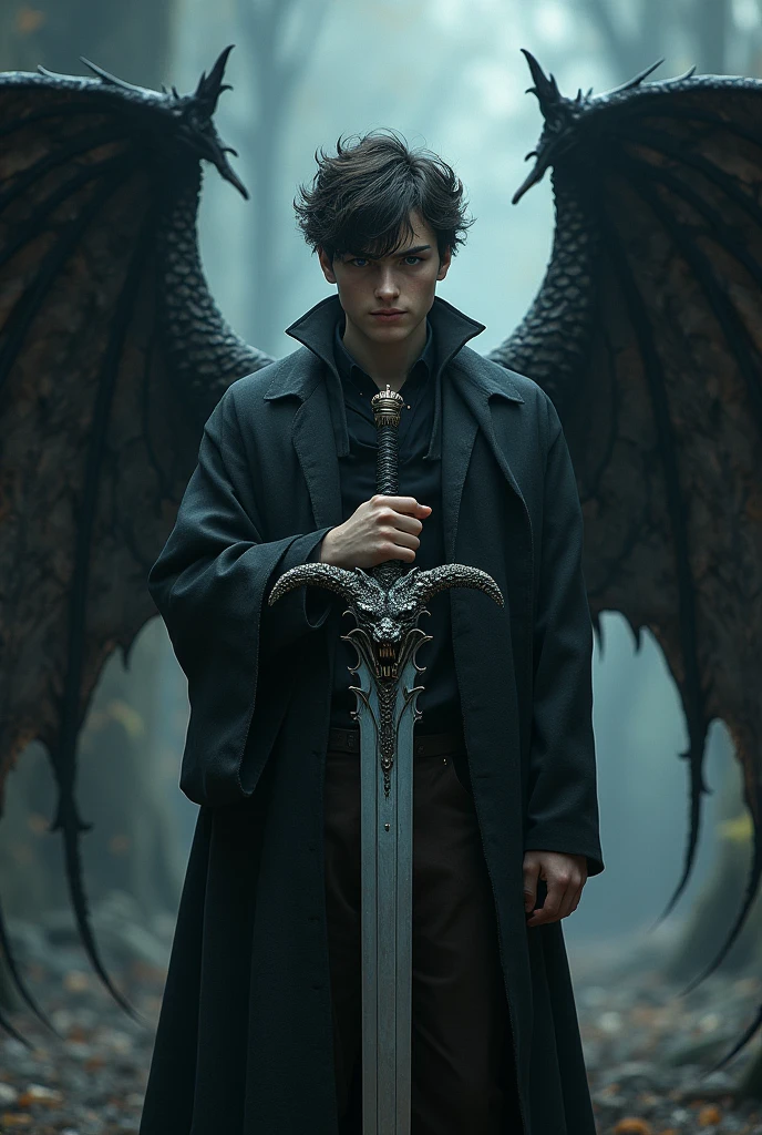 A teenage boy
 human face  without horns dragon wings
In hand a sword with dragon head handel poses devil power