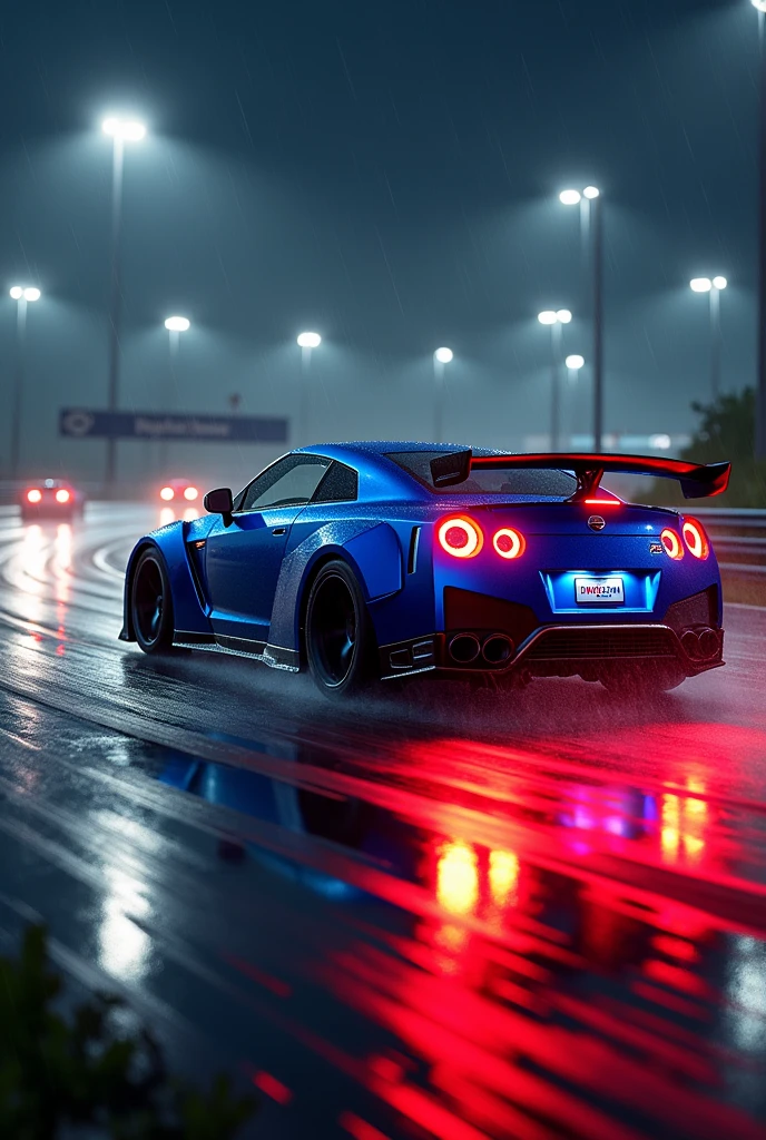 GTR 34 in Blue colour with red light with back tail at night in racing track in rain