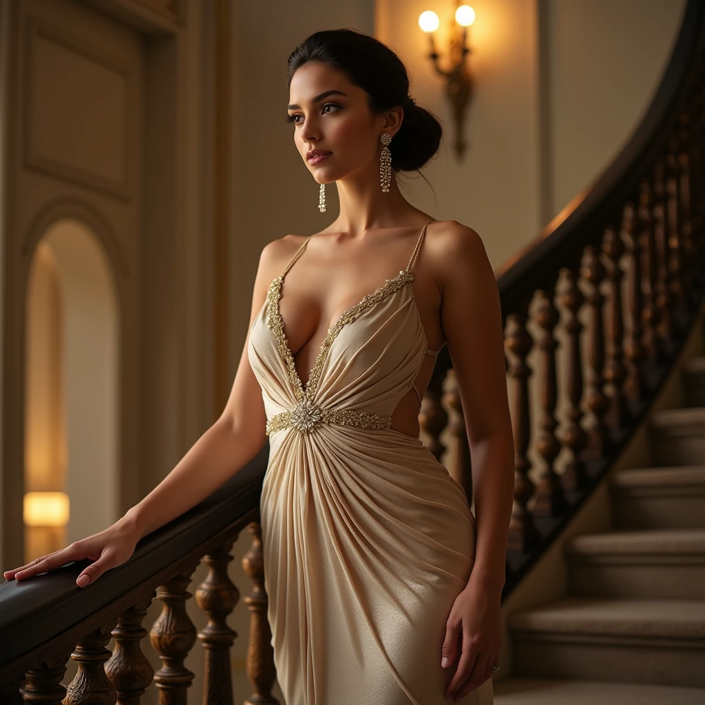 A woman with a flawless 90-60-90 figure, elegantly dressed in a luxurious evening gown. The gown is made of shimmering fabric that drapes perfectly over her curves. She is standing on a grand staircase, with one hand resting lightly on the banister. Her hair is styled in an updo, and she wears a pair of sparkling earrings that catch the light., realistic photograph