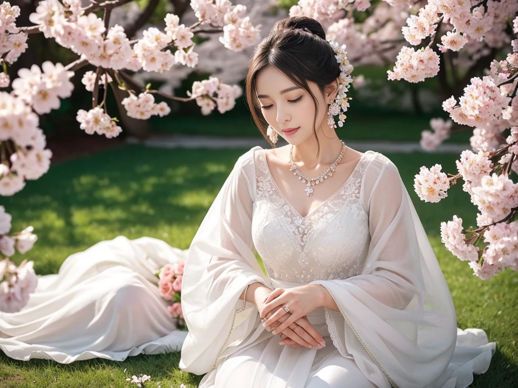 A 2 mature woman, sitting cross-legged with eyes closed, hands clasped in a praying posture, with a gentle smile on her face, facing the camera, full body image. The girl wears exquisite earrings, necklaces and bracelets, an elegant and flowing dress, exquisite jewelry that complements her skin tone, and her hair is beautifully styled with flowers and accessories. She is located under a cherry tree in full bloom with white flowers, and the detailed art and bright colors enhance the spiritual atmosphere. The lighting is soft and natural, highlighting her features and the intricate details of her costume and cherry blossoms.