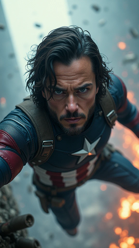 Bucky is depicted in a life-or-death situation, perhaps hanging from a cliff edge or caught in the blast of an explosion, his face showing a mixture of fear and determination. The scene around them is charged with tension: debris and dirt suspended in mid-air, flames from an explosion halted in their tracks, and soldiers frozen in the midst of combat.