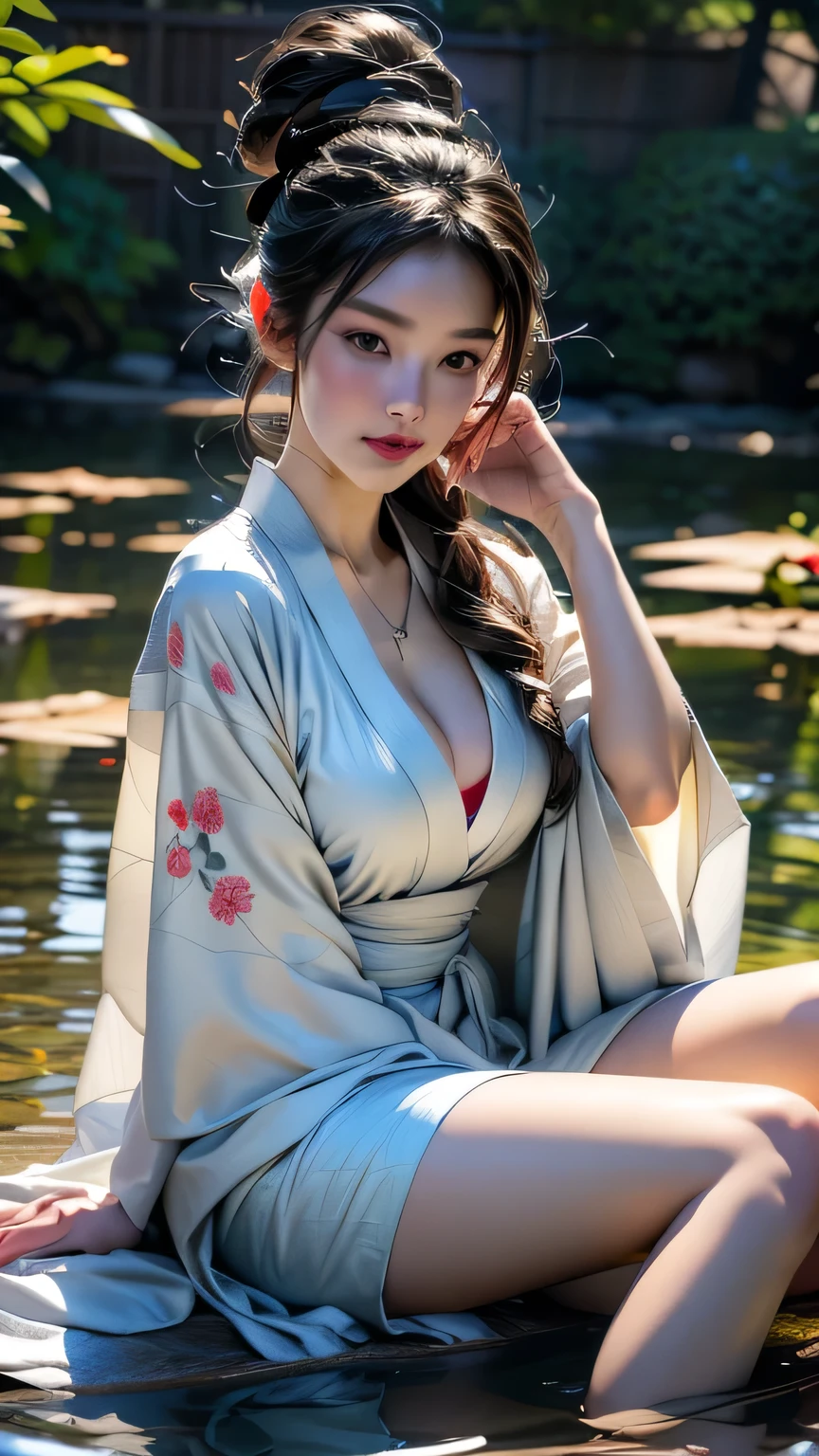 (Cinematic Light, 最high quality, 8k, masterpiece: 1.3), (The world is wonderful, Japanese Goddess, One beautiful woman in the Japan), (necklace, bracelet, anklet, Leg Ring), (Cleavage, sexly, Highly detailed breasts), (Big Tits), kimono, classic kimono, kimono, Japan kimono, intricate geisha, blue kimono with floral pattern, Japanese style, wearing kimono, (Sitting with legs wide open), Inspired by Kano Hogai, masterpiece, 最high quality, high quality, High resolution