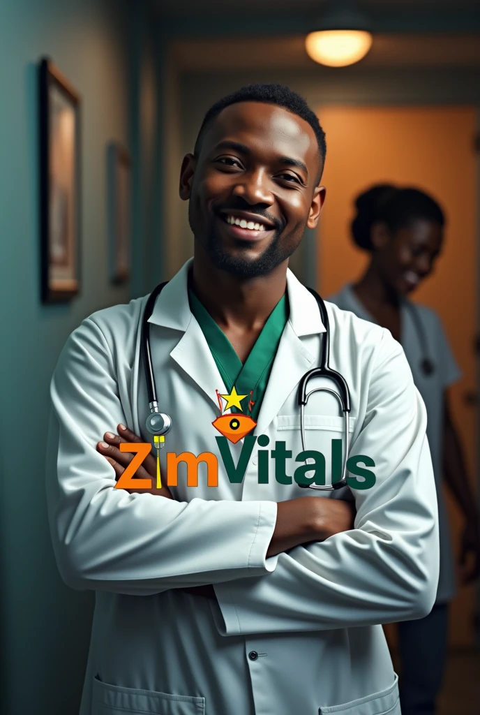 I want a logo for a health channel called ZimVitals, make the Z in ZimVitals with colours of Zimbabwean flag, with motto "Wellness together, happiness forever". Put a tinge of dim Zimbabwean flag at the background. Add a realistic black doctor with a patient in the background.