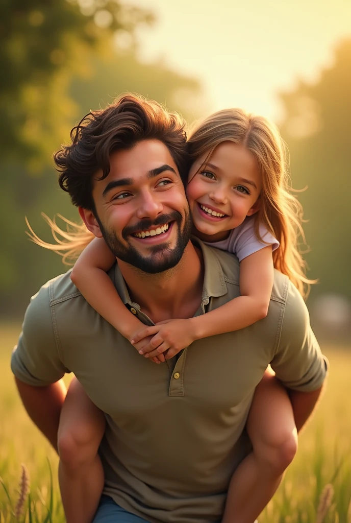 A father and his beautiful daughter, the father giving her daughter a piggy back ride. Make sure the father is looking Infront.