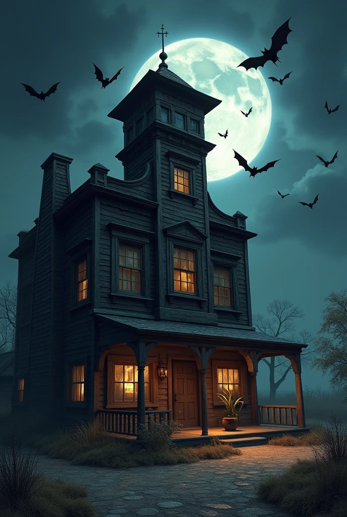 An old Western-style building towering under the full moon、Bats are flying