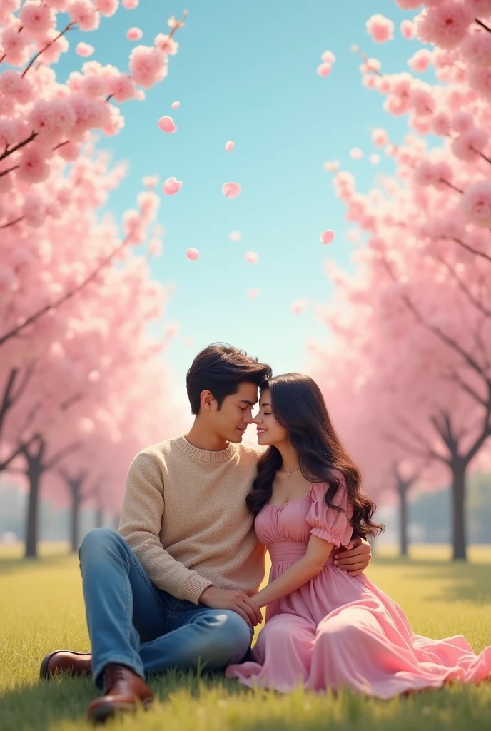 The image shows a young couple sitting on a grassy field with cherry blossom trees in the background. The man is on the left side of the image, wearing a beige sweater and blue jeans, and the woman on the right side is wearing a pink dress. They are sitting close together, with the man's arm around the woman's waist and her head resting on his shoulder. The woman has long dark hair and is smiling at the man, while the man has his arm around her waist. They both have their eyes closed and are looking at each other with love and affection. The sky is blue and the trees are in full bloom, creating a beautiful and romantic atmosphere.