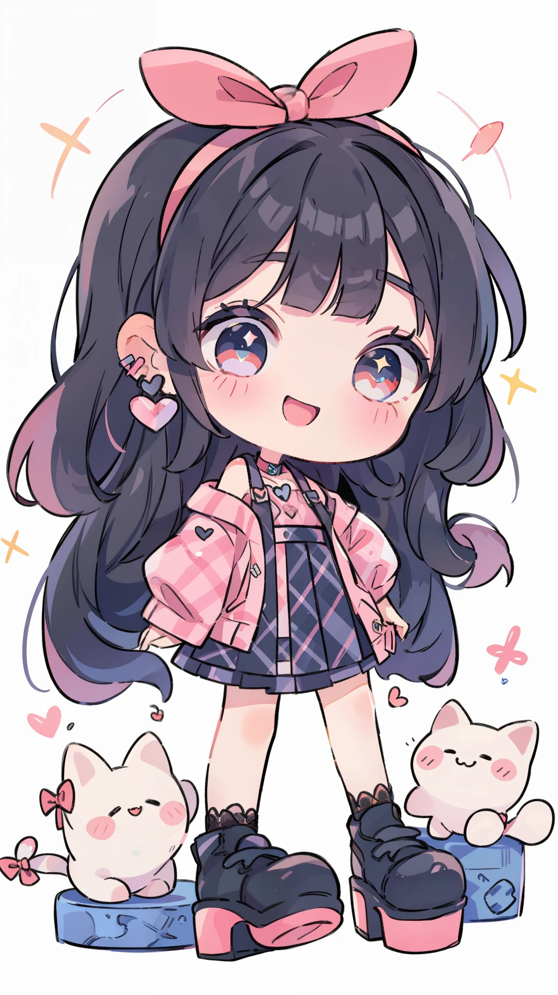 ((from front)),
((chibi)),
((peace sign)),
high resolution,smile,woman,woman1人,adult,cute,
blunt bangs,Black Hair,wavy hair,long hair,BREAK,
Red eyes,Sparkling Eyes,BREAK,
((Landmine fashion)),
Pink off-shoulder top,BREAK,Black plaid pleated skirt,BREAK,Black high heels,
Ribbon headband,BREAK,Heart Earrings,BREAK,Lace choker,BREAK,
Pink hearts on a white background,