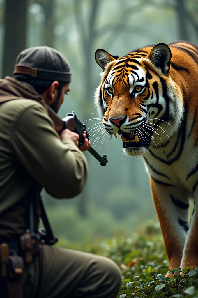 The hunter was shooting a tiger at close range.