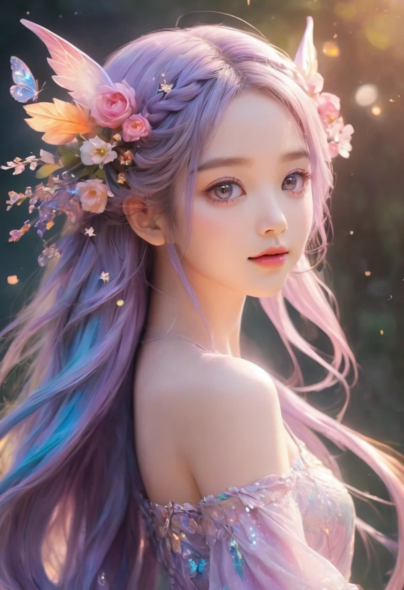 an animated character. a cute face girl, pastel purple color eyes, pastel color, rainbow colour long twintail braid hair, gorgeous flower crown, gorgeous hair decorated, gorgeous fairy wings, fullbody, mythology, fancy, Asian style, flowers vines, fantsy sky, shining star, Happy face feeling, fantasy town background, sunset mood and tone. Flame/flame/blaze，tmasterpiece, BREAK BREAK BREAK, Best quality at best, ultra - detailed, Hyper Real, 16K, A high resolution, BREAK BREAK BREAK, ((starrysky)),