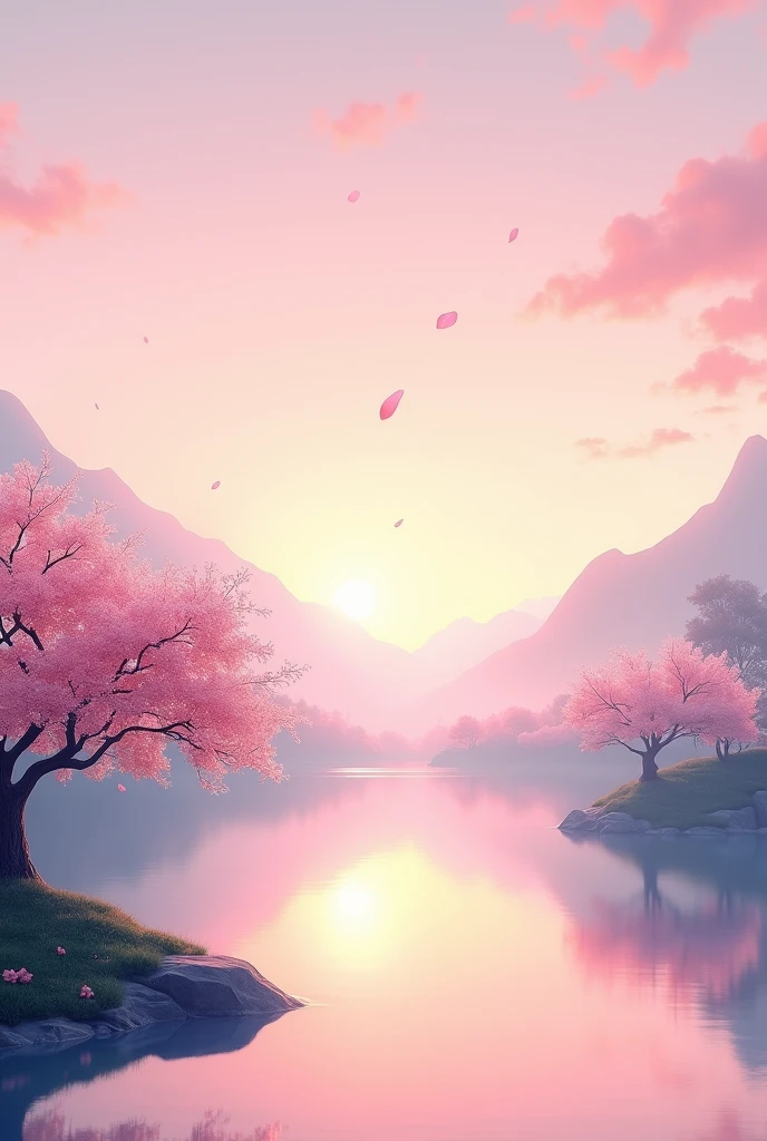 A serene, minimalistic landscape at sunset with soft pastel colors. The scene includes a calm lake reflecting the sky, distant mountains with a touch of mist, and a few cherry blossom trees gently swaying in the breeze. The overall atmosphere is peaceful and calming, with a dreamy, ethereal glow with 8k resolution."