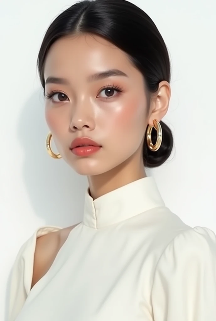 Short neckline、Handsome Short、A refined and stylish young woman with a clear complexion、Thready hair、Shiny Hair、Gold Hoop Earrings、White Cut and Sew