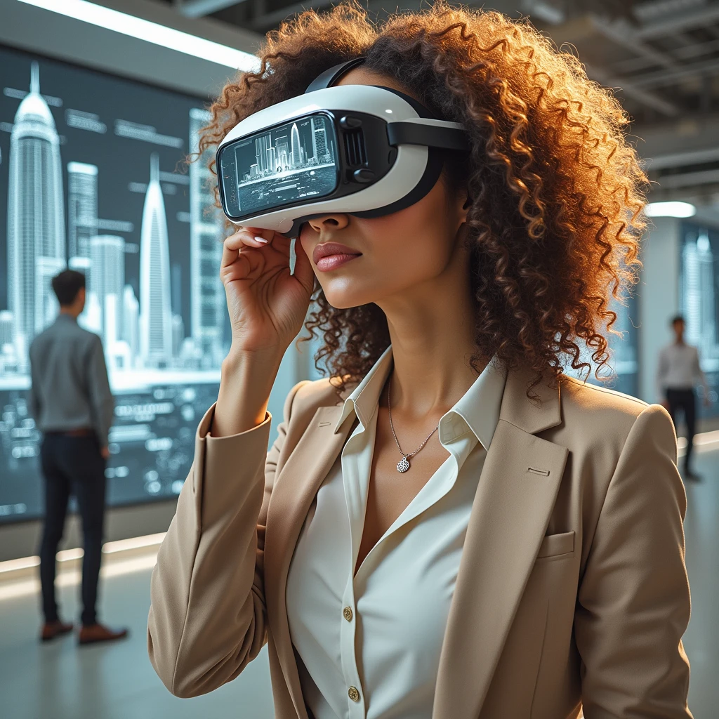 Create an image of a woman with curly hair holding a VR headset close to her face, displaying a futuristic office or cityscape scene through the lenses. The VR headset shows a split view: on one side, a professional-looking woman (resembling the person holding the headset) stands confidently, while on the other side, a man is seen looking out of the window at the skyscrapers. The woman is dressed in modern, stylish business attire, with a necklace and subtle makeup. The background includes holographic elements and digital interfaces, giving the impression of a high-tech environment. The overall atmosphere should convey a sense of professionalism, confidence, and the blending of virtual and real worlds