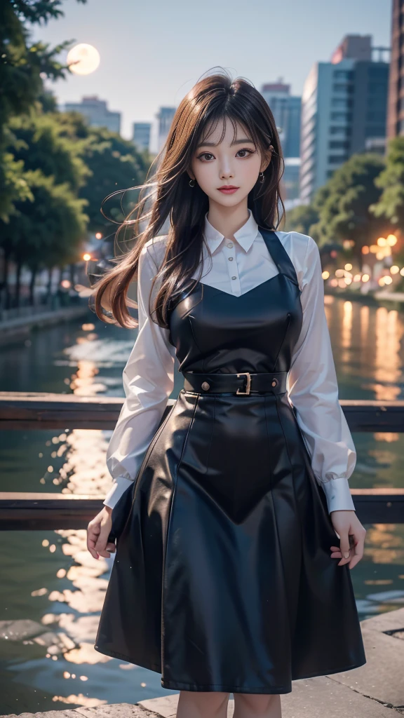 ulzzang-6500-v1.1, (RAW photo: 1.2), (Real photo), (Real photo: 1.4), 1 girl、Perfect anatomy、1、Looking at the camera、Medium length hair、uniform dress, walking beside a cool blue river, with the moon and stars, ((by the river at night: 1.1))、(Business service)、Asian eyes Ella,