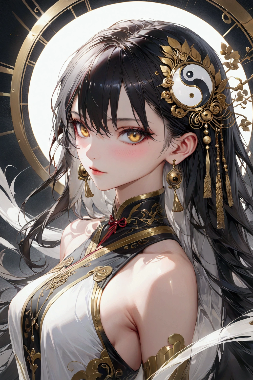 black hair, inner colored white hair, golden eyes, slender and athletic built, ying yang, masterpiece, super detail, best quality, 8k,semi-realistic