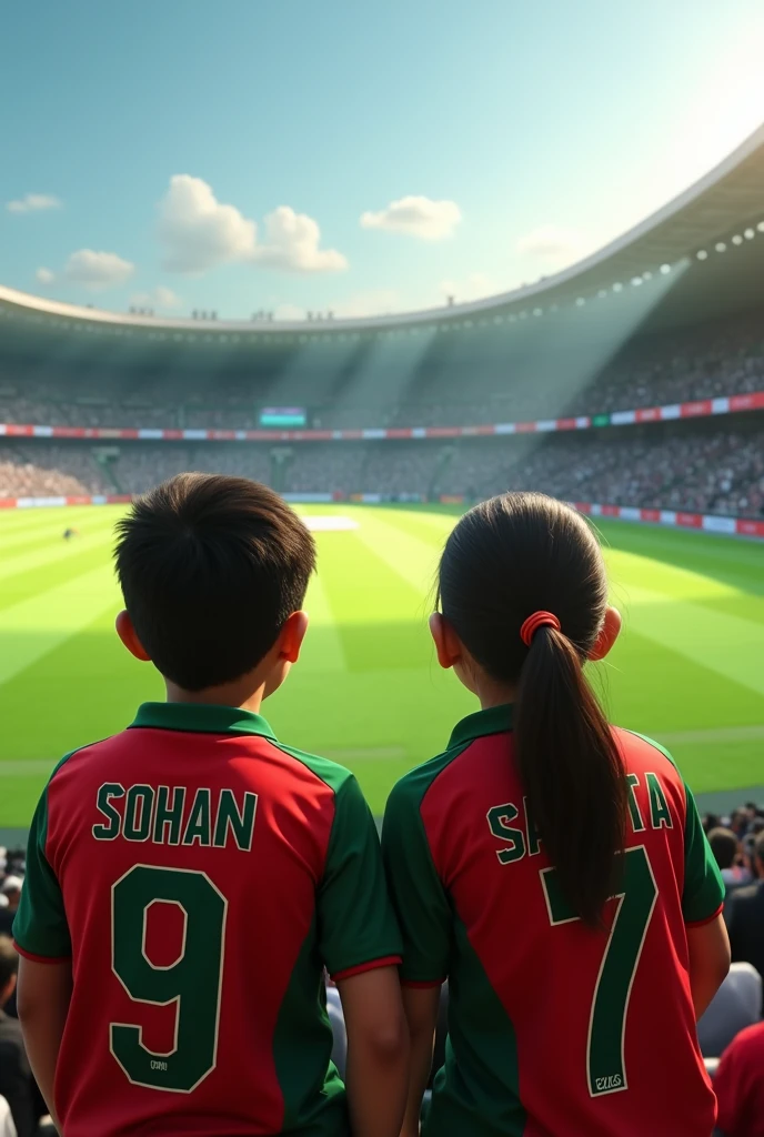 One boy sohan and one girl samita are seeing Bangladesh vs Pakistan live cricket.the boy and girl wearing Bangladesh cricket team jersy