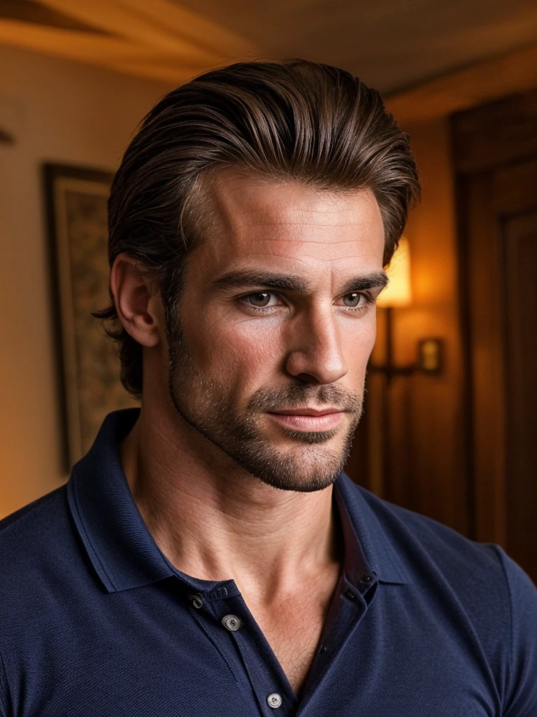 hair, portrait of a ruggedly handsome paladin, muscular, half body, masculine, , Retrato de un joven, Muscular very handsome and attractive italian men, A 40 years old male, Retrato de un joven, Muscular, real, ( Man in the room ), Wearing Dark blue polo collar shirt